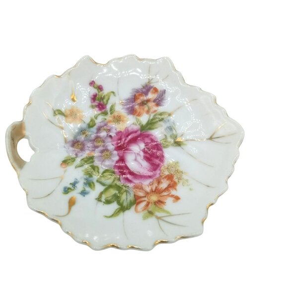 Trinket Tray Floral Leaf-Shaped Porcelain Dish Nasco Gold Trim Vintage 4" Japan - Picture 6 of 11
